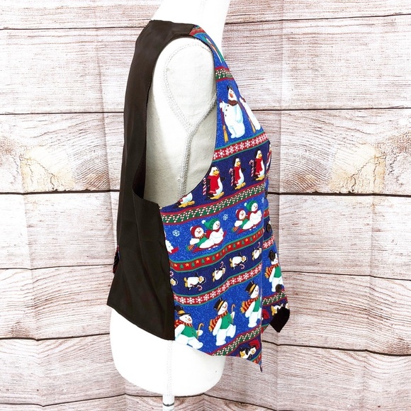 Vintage 111 Main Blue and Black Festive Snowman and Penguin Vest Size L - Picture 3 of 10